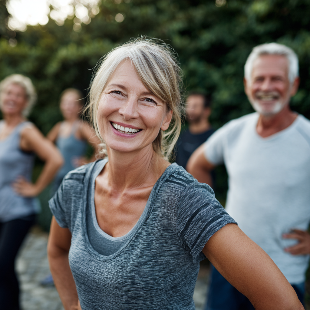 active mature adults enjoying group fitness session in natural outdoor setting